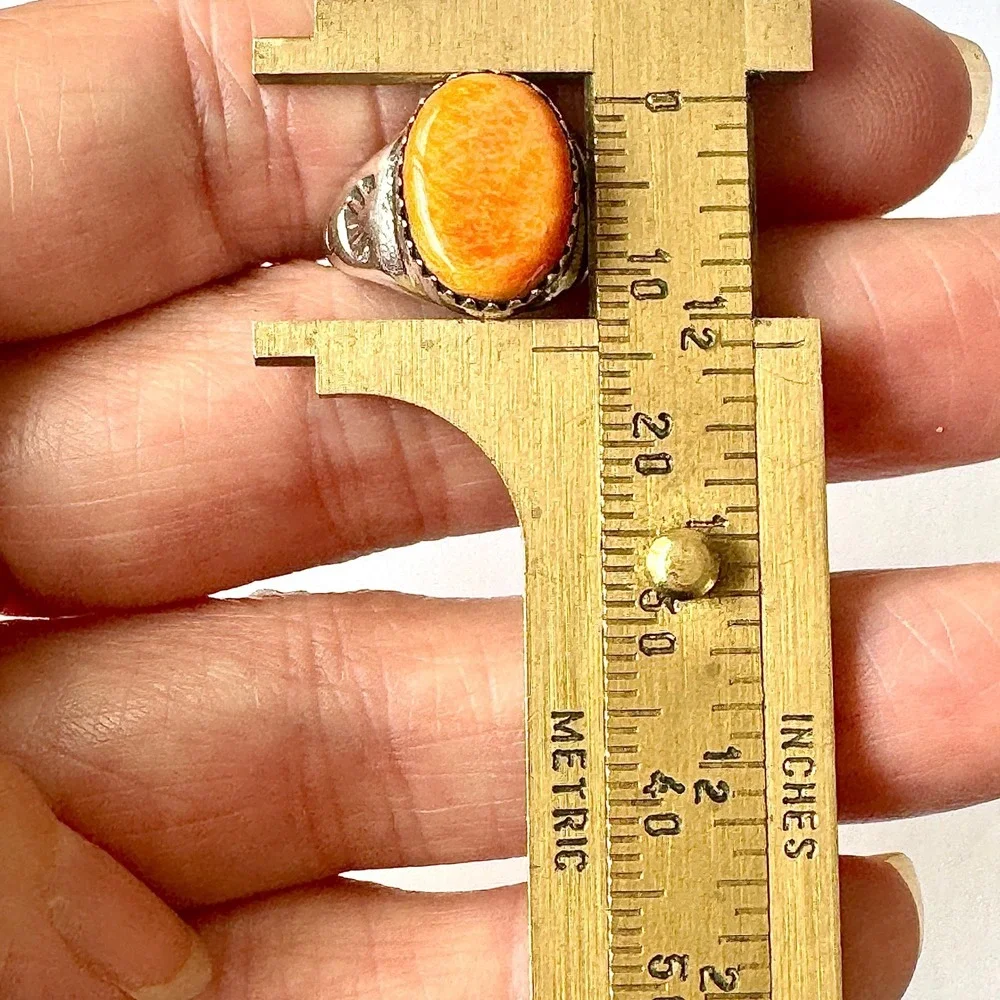 Orange Spiny Oyster Navajo Band Sz 8 Ring 15mm Signed ML Handmade‎ Native